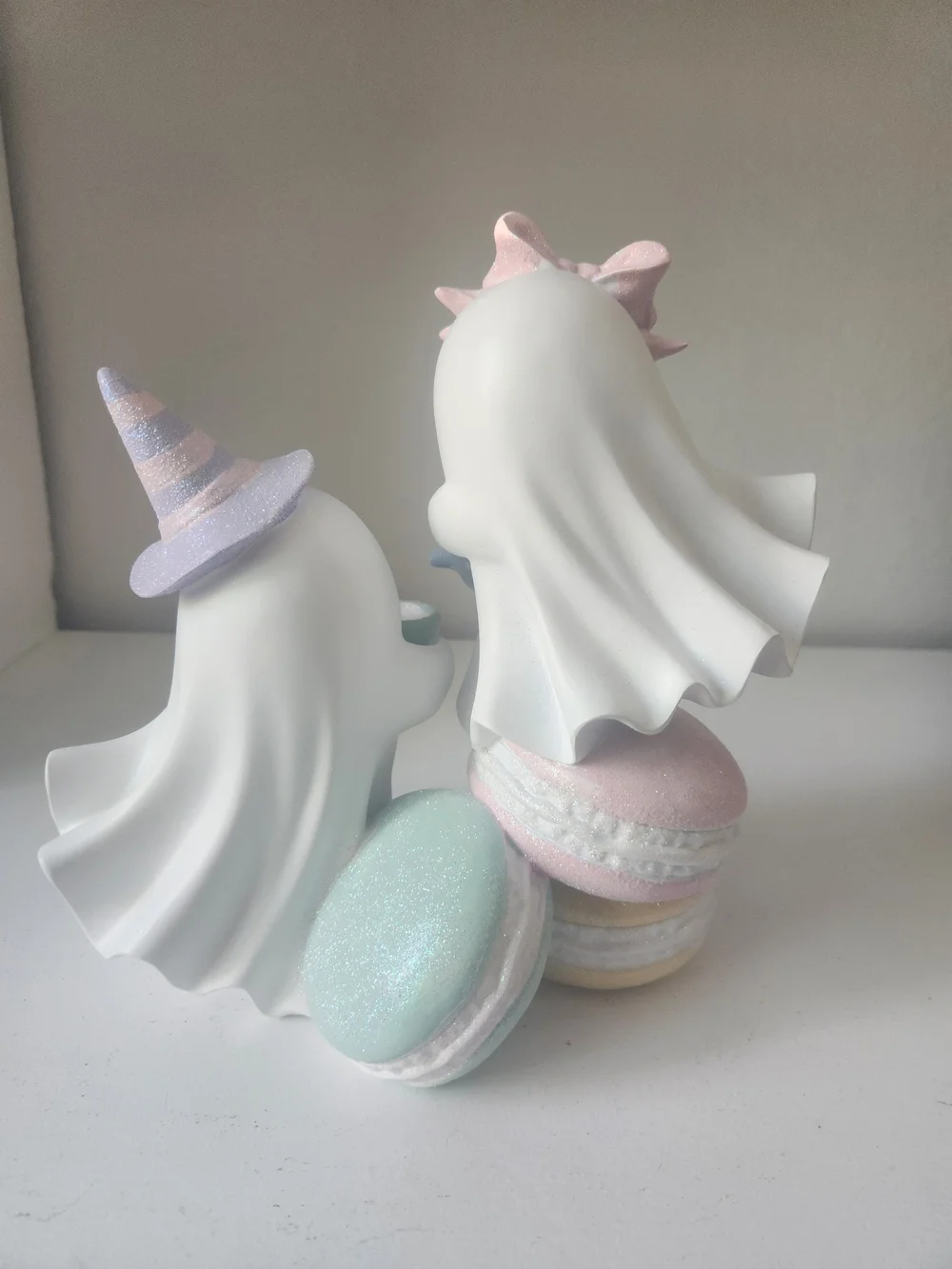 Pastel Ghost Tea Party Figurines - White with Pink, Blue & Mint Macarons